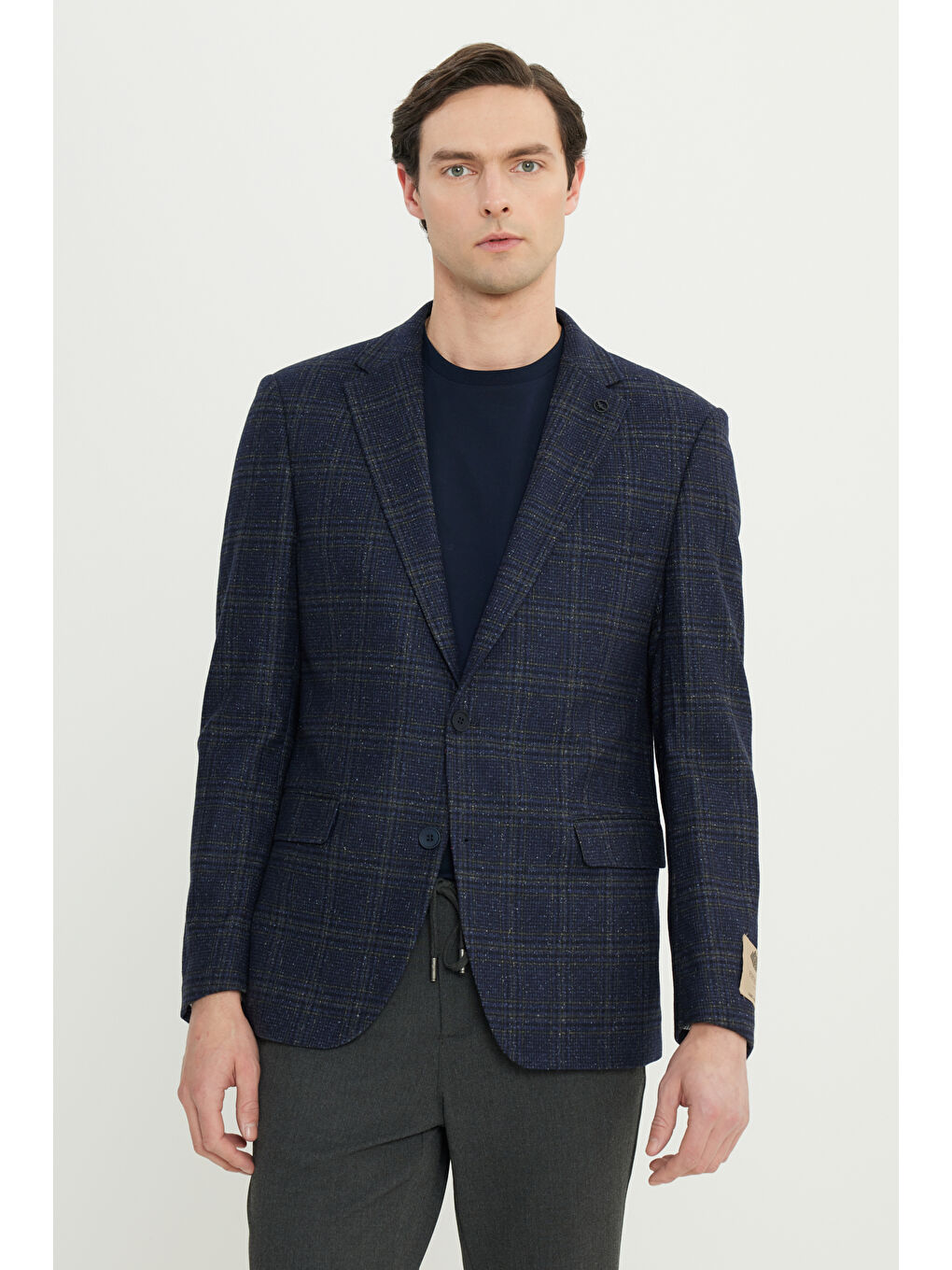 Erkek Lacivert-Yeşil Slim Fit Dar Kesim Mono Yaka Kareli Yünlü Ceket