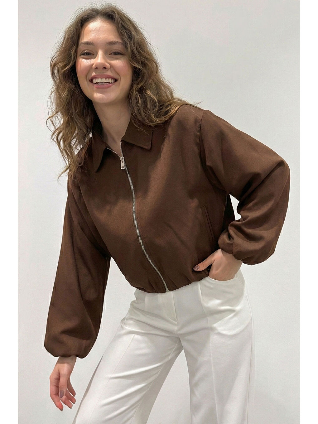 Kadın Oversize Fermuarlı Ceket 0735 - Kahverengi