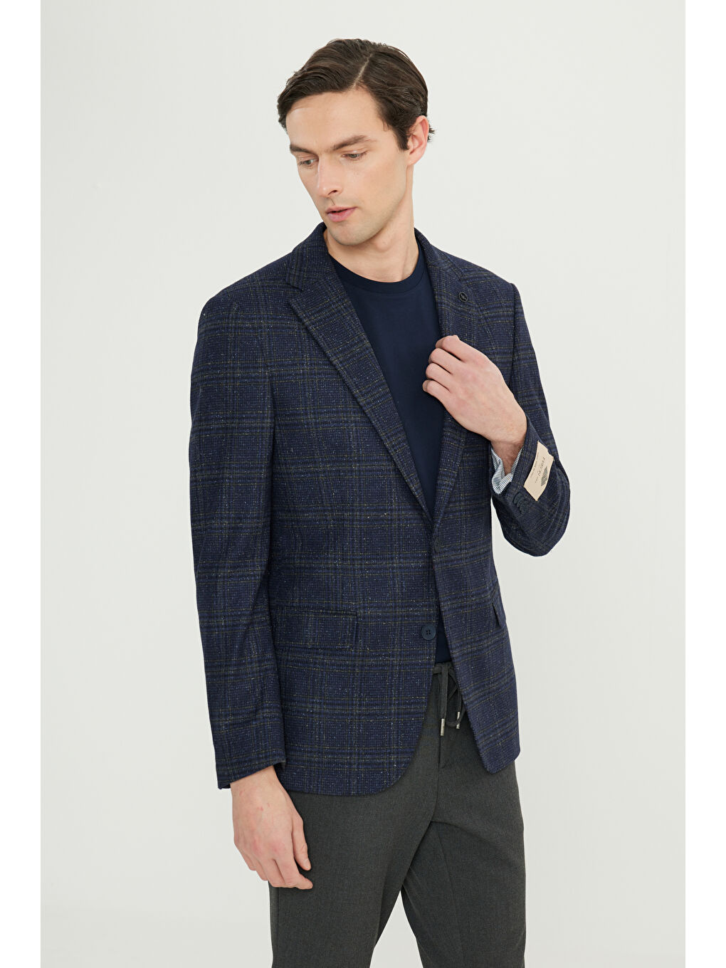 Erkek Lacivert-Yeşil Slim Fit Dar Kesim Mono Yaka Kareli Yünlü Ceket-2