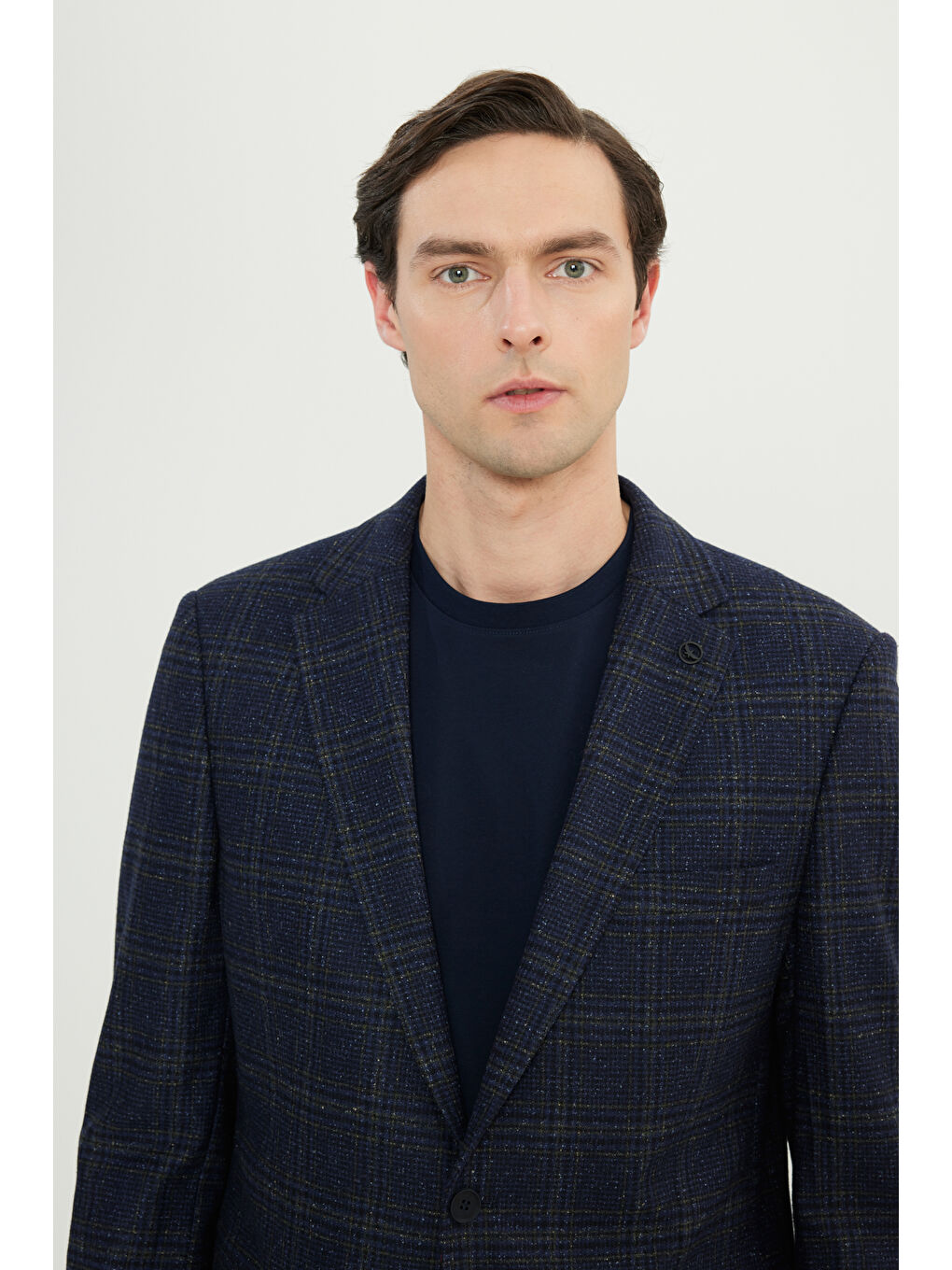 Erkek Lacivert-Yeşil Slim Fit Dar Kesim Mono Yaka Kareli Yünlü Ceket-3
