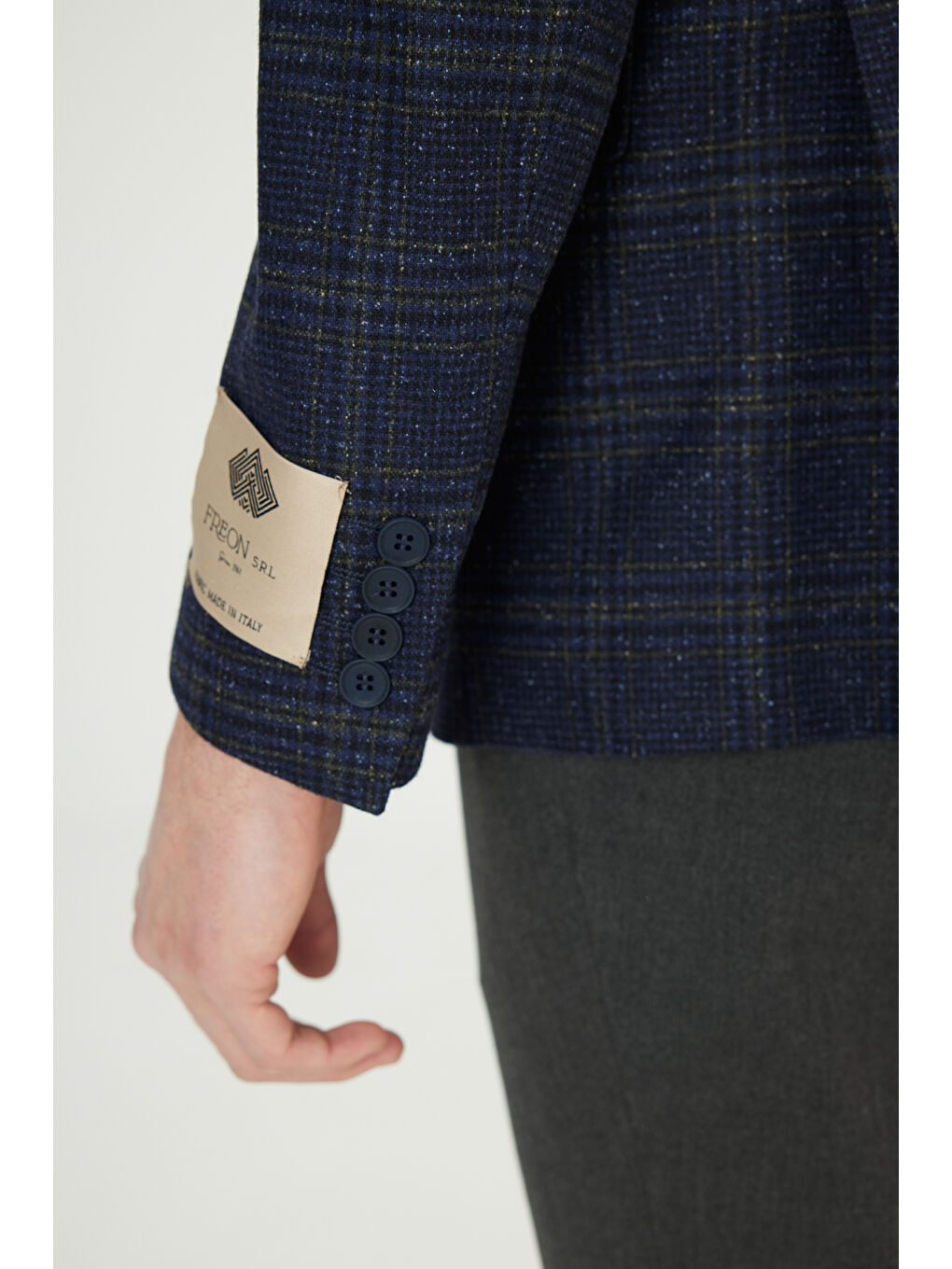 Erkek Lacivert-Yeşil Slim Fit Dar Kesim Mono Yaka Kareli Yünlü Ceket-4