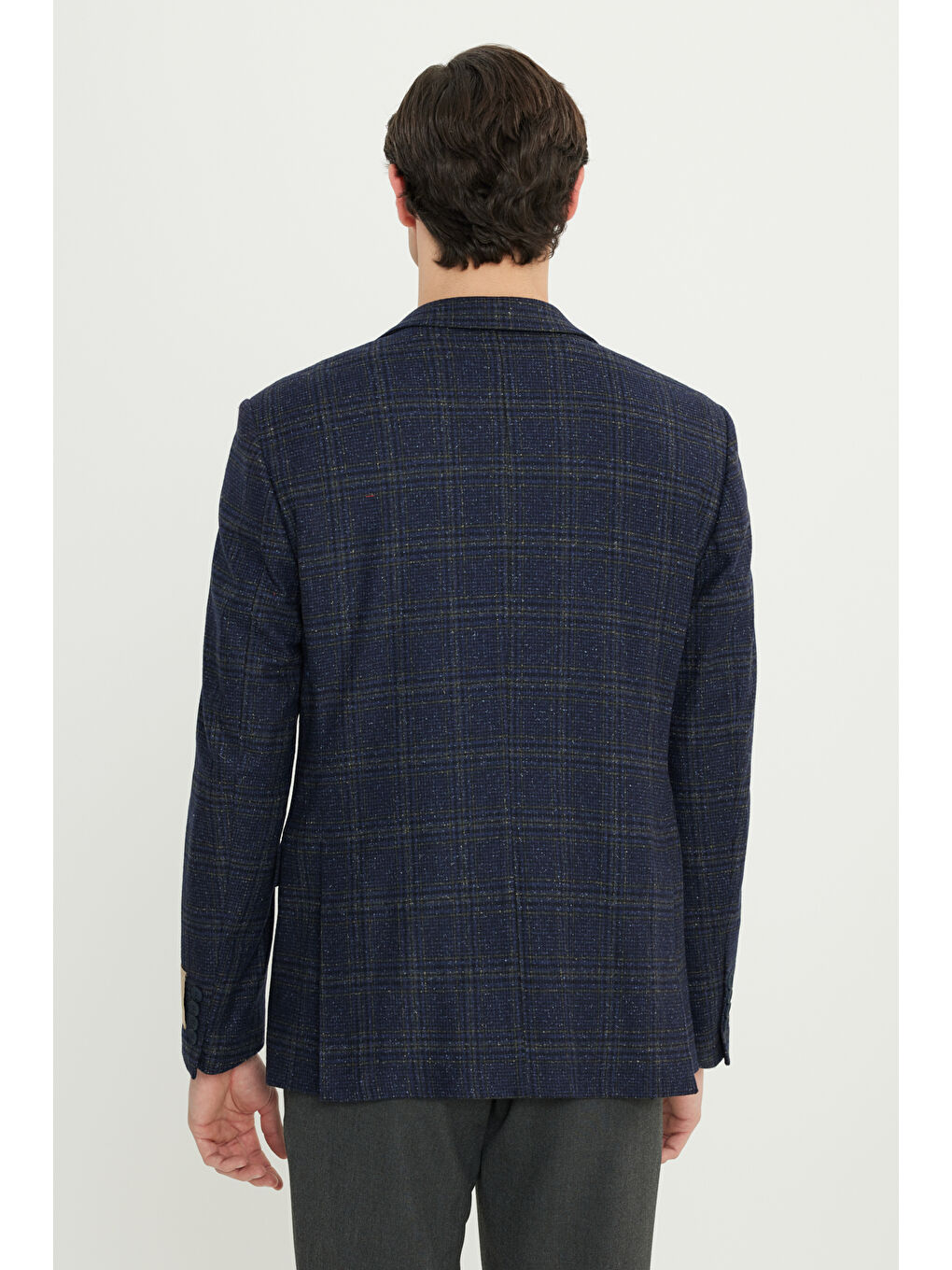 Erkek Lacivert-Yeşil Slim Fit Dar Kesim Mono Yaka Kareli Yünlü Ceket-5
