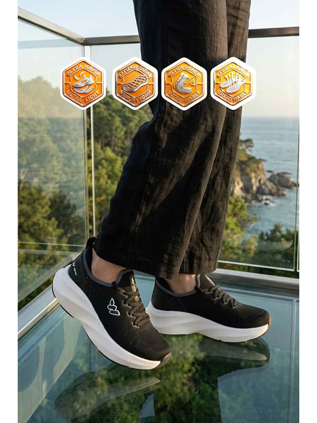 Siyah Beyaz Fileli Hafif Esnek Hafızalı Taban Unisex Spor Ayakkabı Flexnova G-1