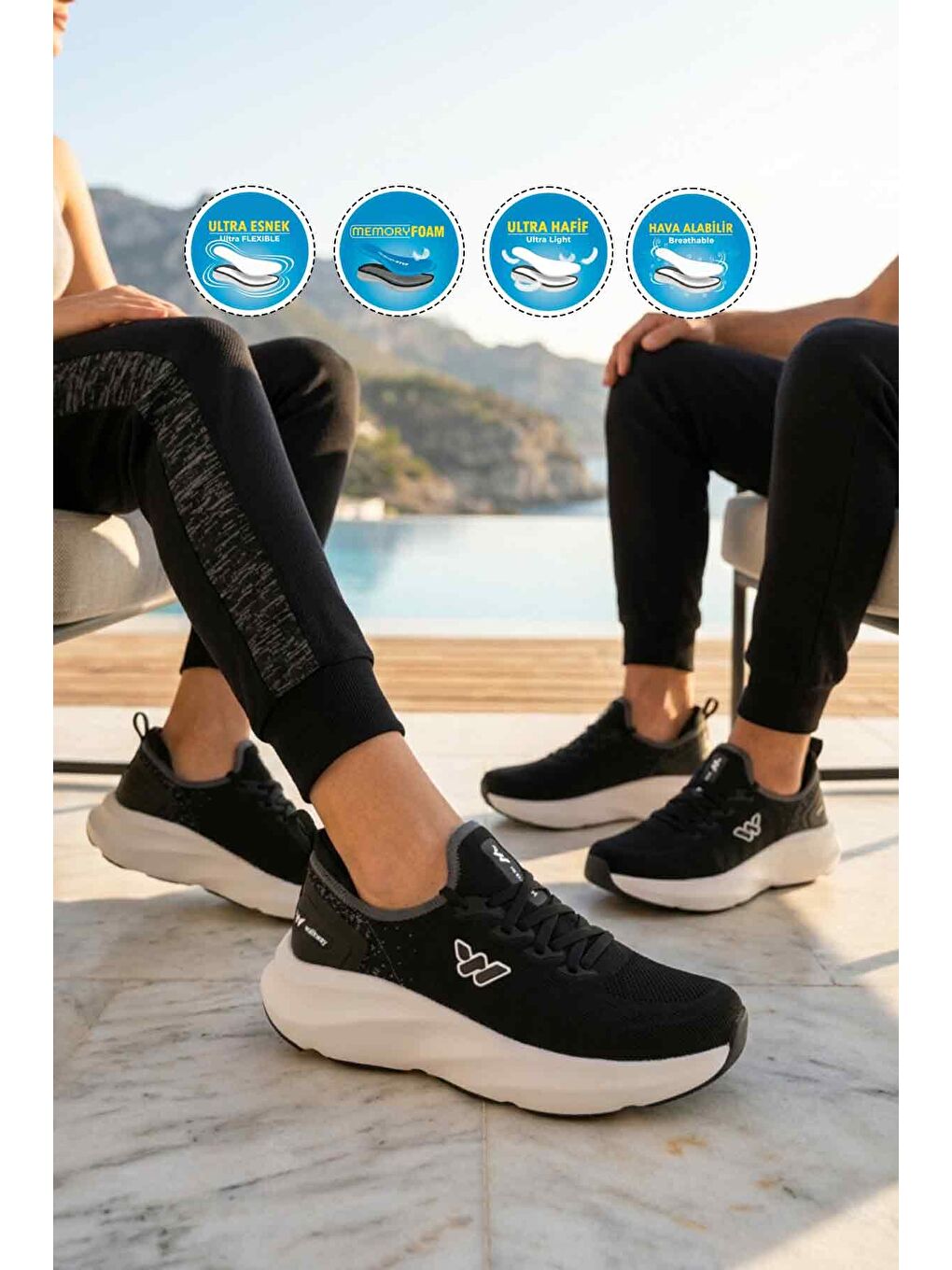 Siyah Beyaz Fileli Hafif Esnek Hafızalı Taban Unisex Spor Ayakkabı Flexnova G-2