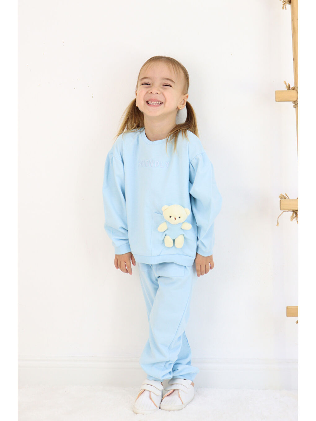Mavi Kız Çocuk Orta Kalınlıkta Ayıcık Oyuncaklı Eşofman Takımı-5