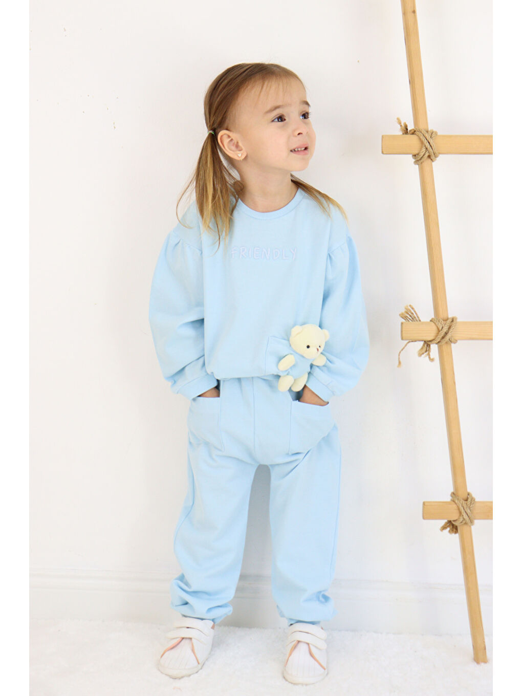Mavi Kız Çocuk Orta Kalınlıkta Ayıcık Oyuncaklı Eşofman Takımı-6