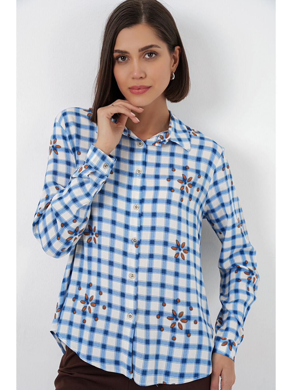 Kadın Desenli Oversize Viskon Gömlek 20371 - Mavi-2