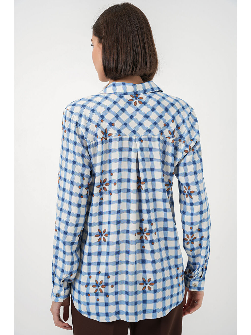 Kadın Desenli Oversize Viskon Gömlek 20371 - Mavi-4