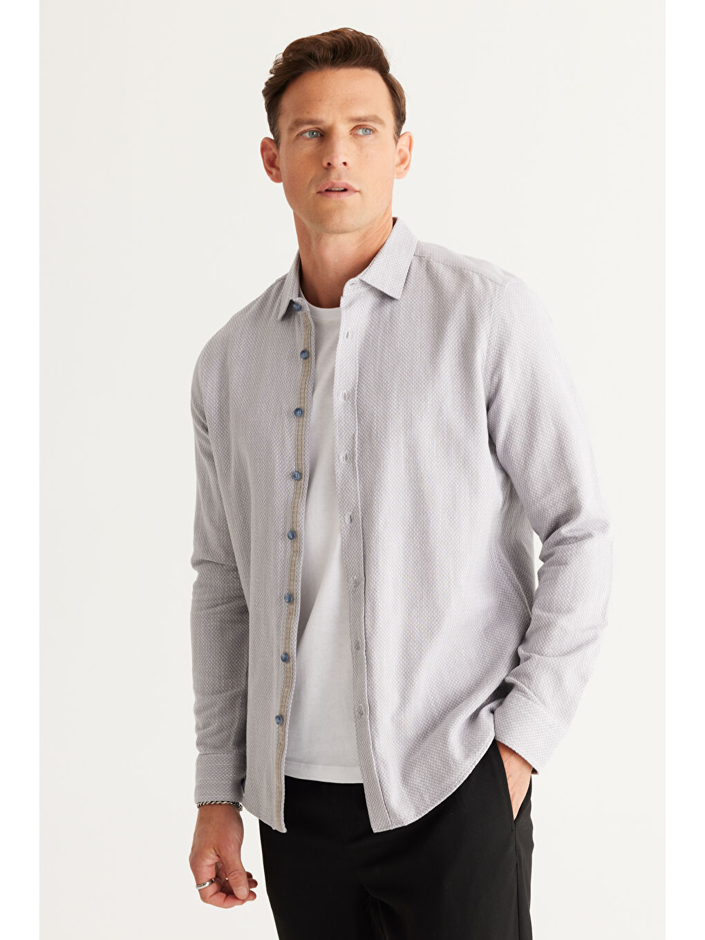 Erkek Gri Slim Fit Dar Kesim Klasik Yaka %100 Pamuk Armürlü Gömlek-1