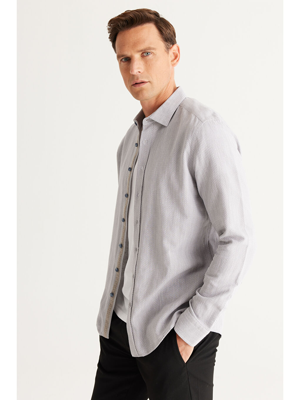 Erkek Gri Slim Fit Dar Kesim Klasik Yaka %100 Pamuk Armürlü Gömlek-2
