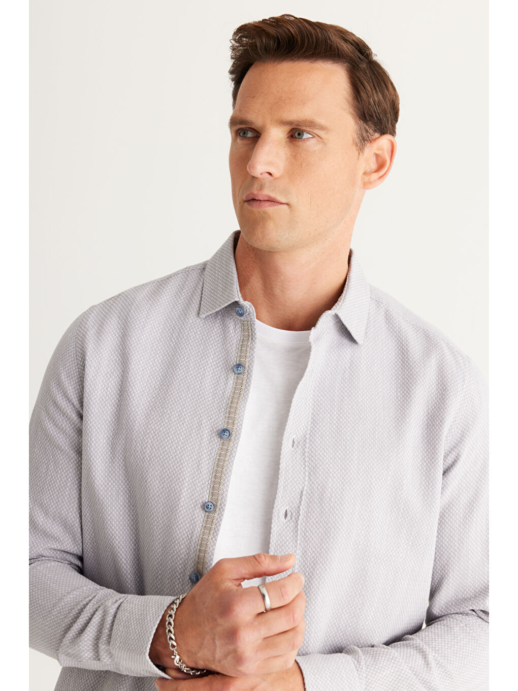 Erkek Gri Slim Fit Dar Kesim Klasik Yaka %100 Pamuk Armürlü Gömlek-3