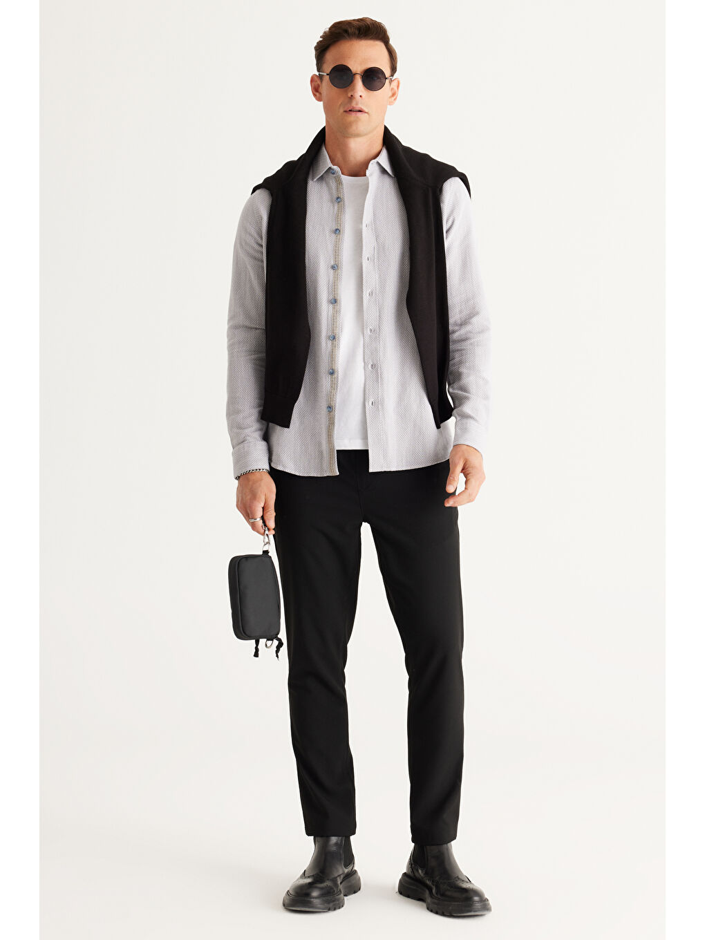 Erkek Gri Slim Fit Dar Kesim Klasik Yaka %100 Pamuk Armürlü Gömlek-4