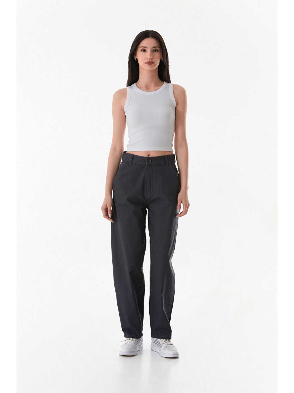 Gri Fermuarlı Yüksek Bel Gabardin Şalvar Pantolon