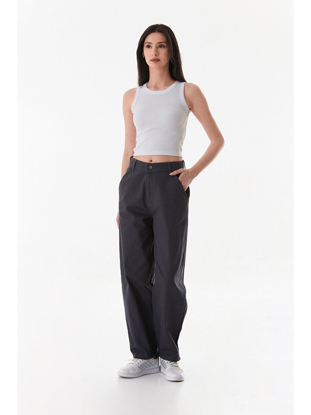 Gri Fermuarlı Yüksek Bel Gabardin Şalvar Pantolon-1