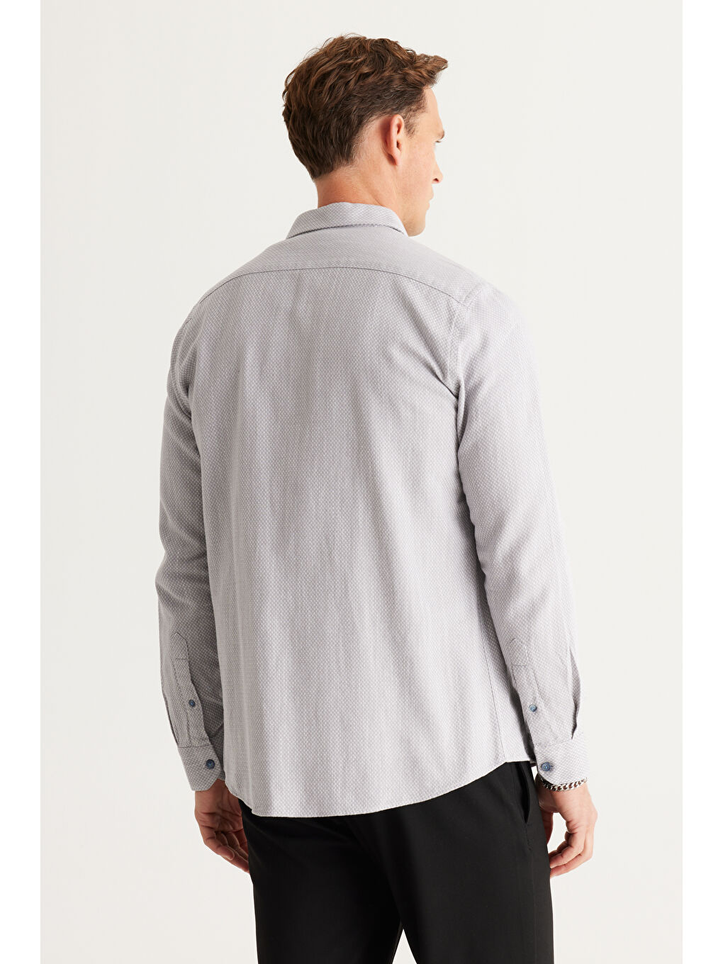 Erkek Gri Slim Fit Dar Kesim Klasik Yaka %100 Pamuk Armürlü Gömlek-5