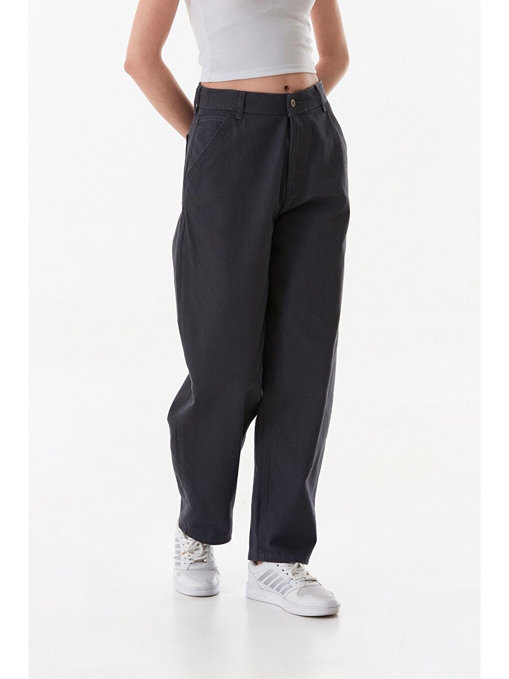 Gri Fermuarlı Yüksek Bel Gabardin Şalvar Pantolon-2