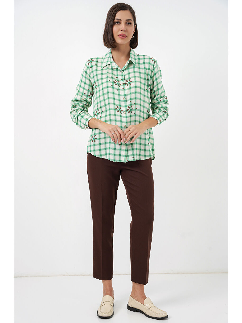 Kadın Desenli Oversize Viskon Gömlek 20371 - Yeşil-1