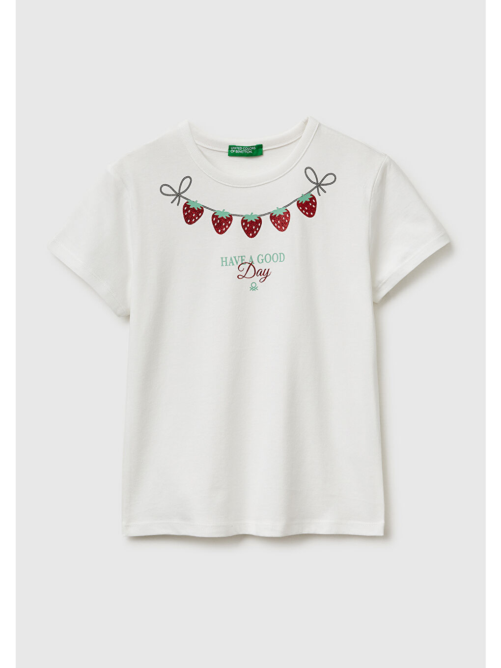 Kız Çocuk Beyaz Simli Grafik Baskılı Yuvarlak Yaka T-Shirt