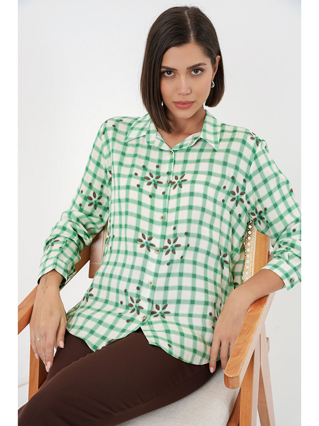 Kadın Desenli Oversize Viskon Gömlek 20371 - Yeşil-2
