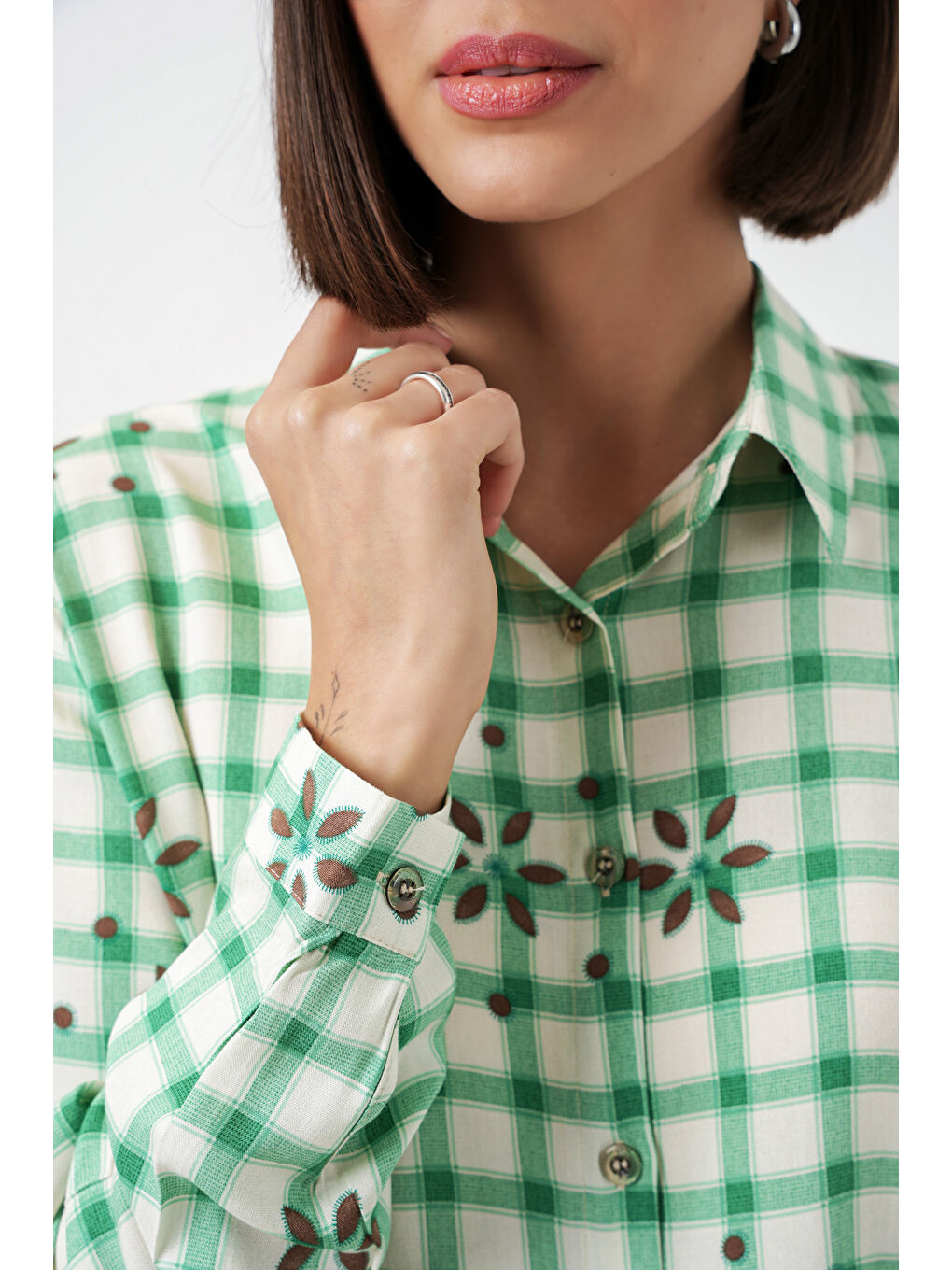 Kadın Desenli Oversize Viskon Gömlek 20371 - Yeşil-3