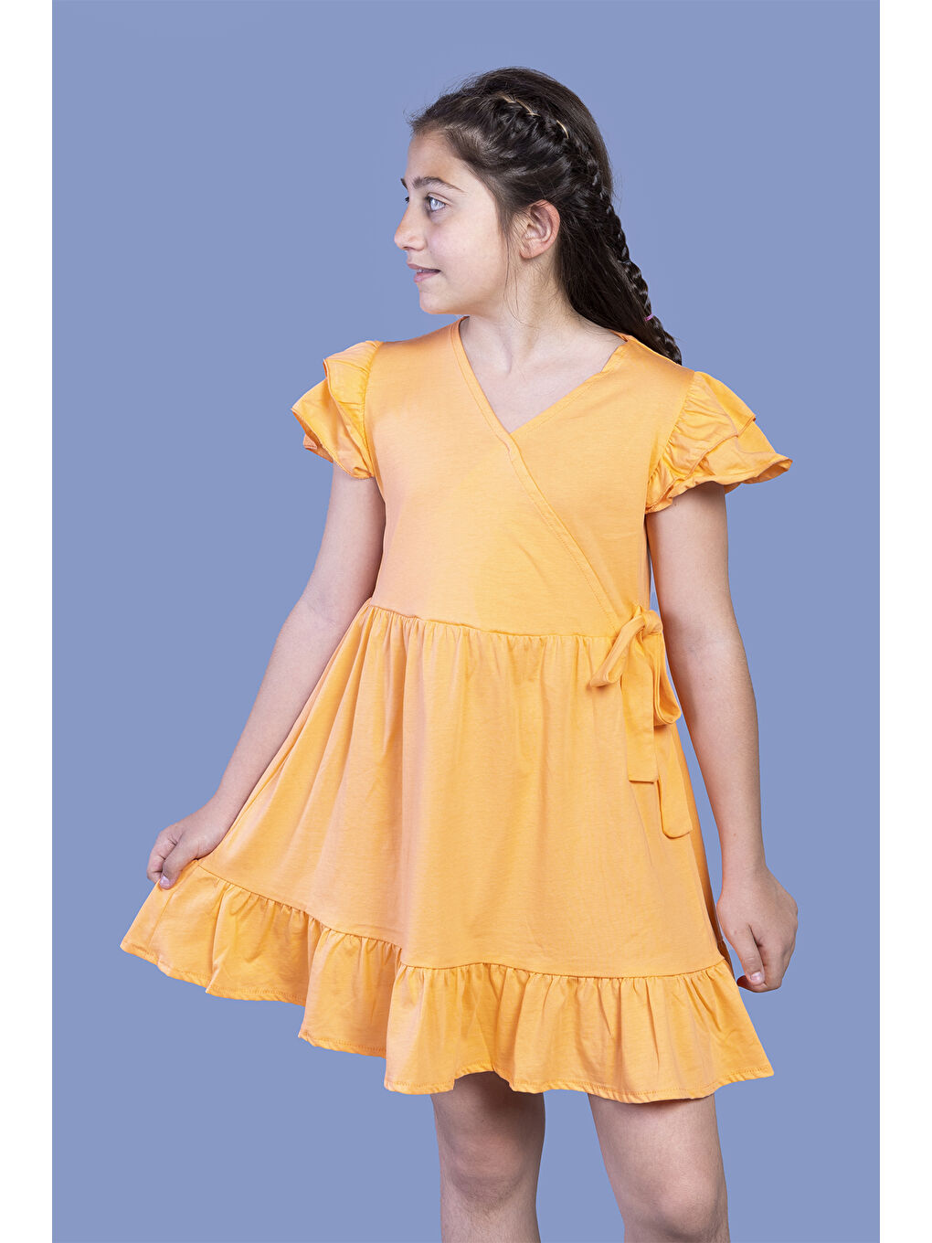 Turuncu Kız Çocuk Yandan Bağlama Detaylı Kruvaze Elbise