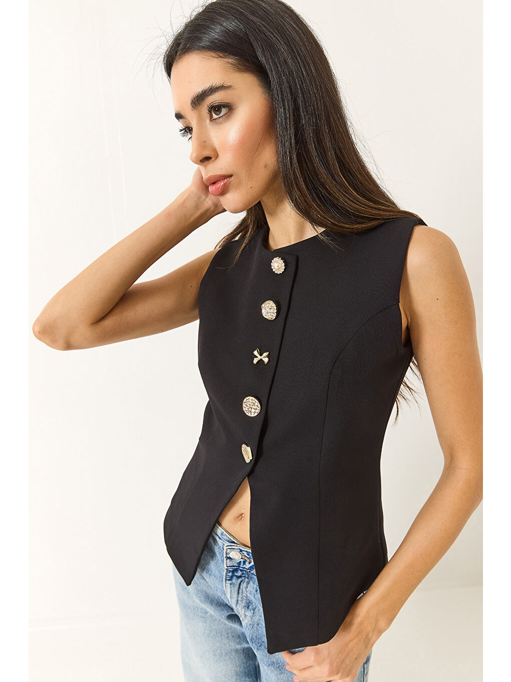 Siyah Kadın Regular Bisilet Yaka Gold Düğme Detaylı Astarlı Dokuma Yelek-3