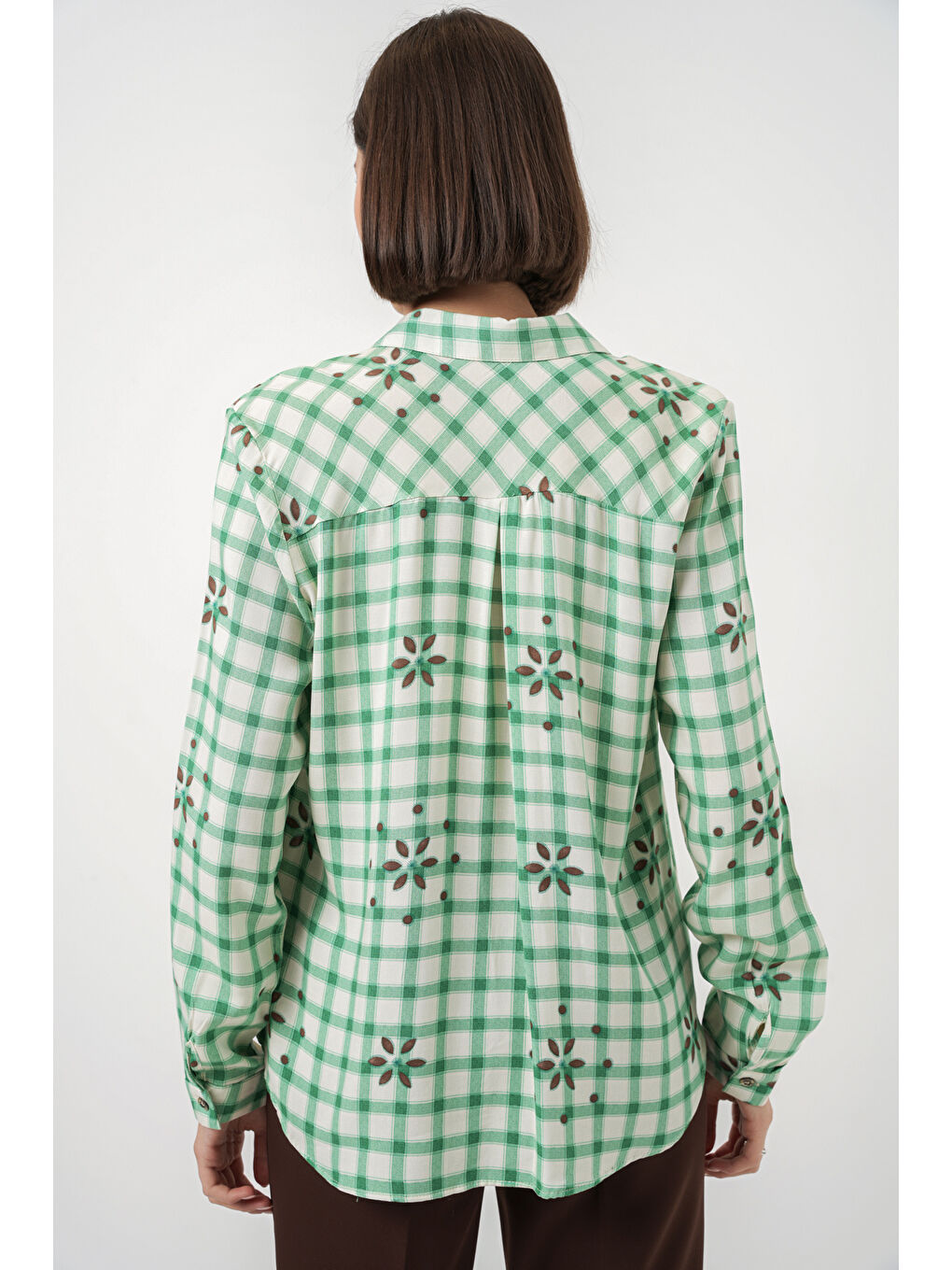 Kadın Desenli Oversize Viskon Gömlek 20371 - Yeşil-4