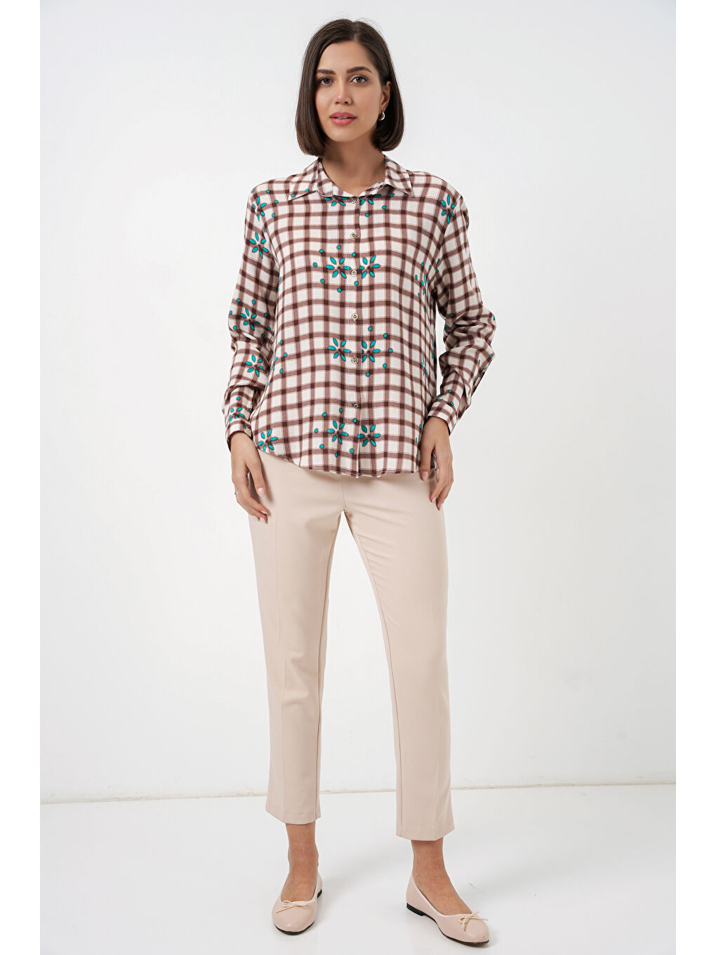 Kadın Desenli Oversize Viskon Gömlek 20371 - Kahverengi-1