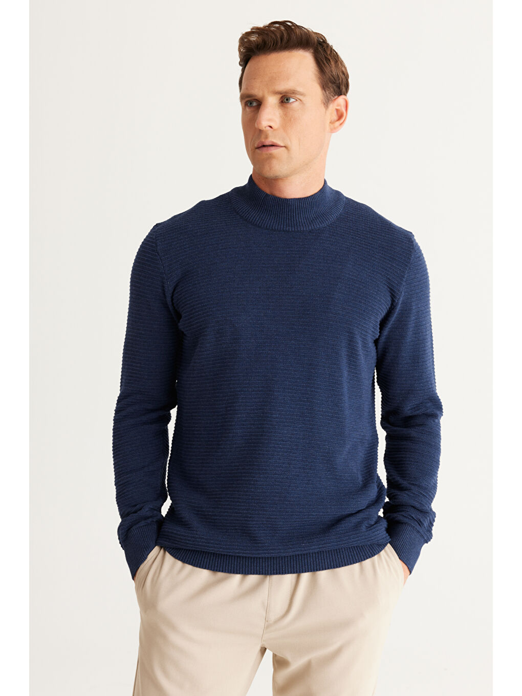 Erkek İndigo Recycle Standart Fit Yarım Balıkçı Yaka Pamuklu Desenli Triko Kazak-2