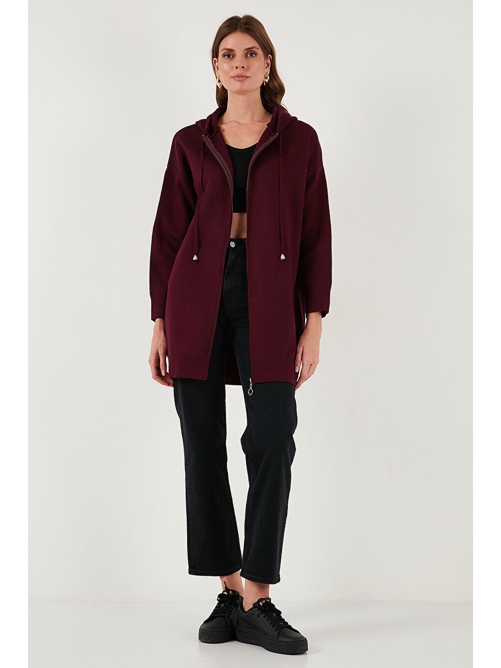 Bordo Modest Fermuarlı Uzun Triko Kadın Hırka 4616176-1