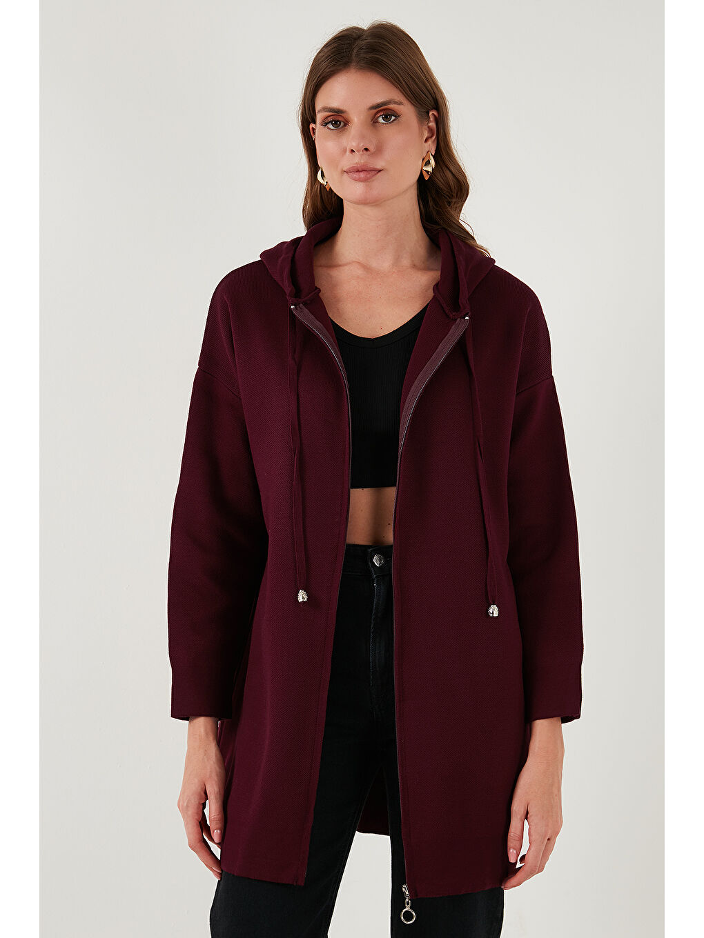 Bordo Modest Fermuarlı Uzun Triko Kadın Hırka 4616176-2