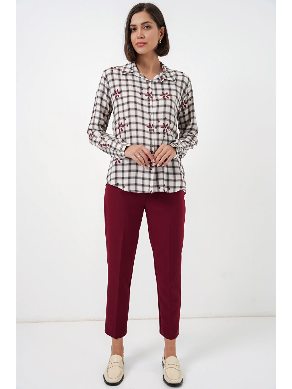 Kadın Desenli Oversize Viskon Gömlek 20371 - Siyah-1