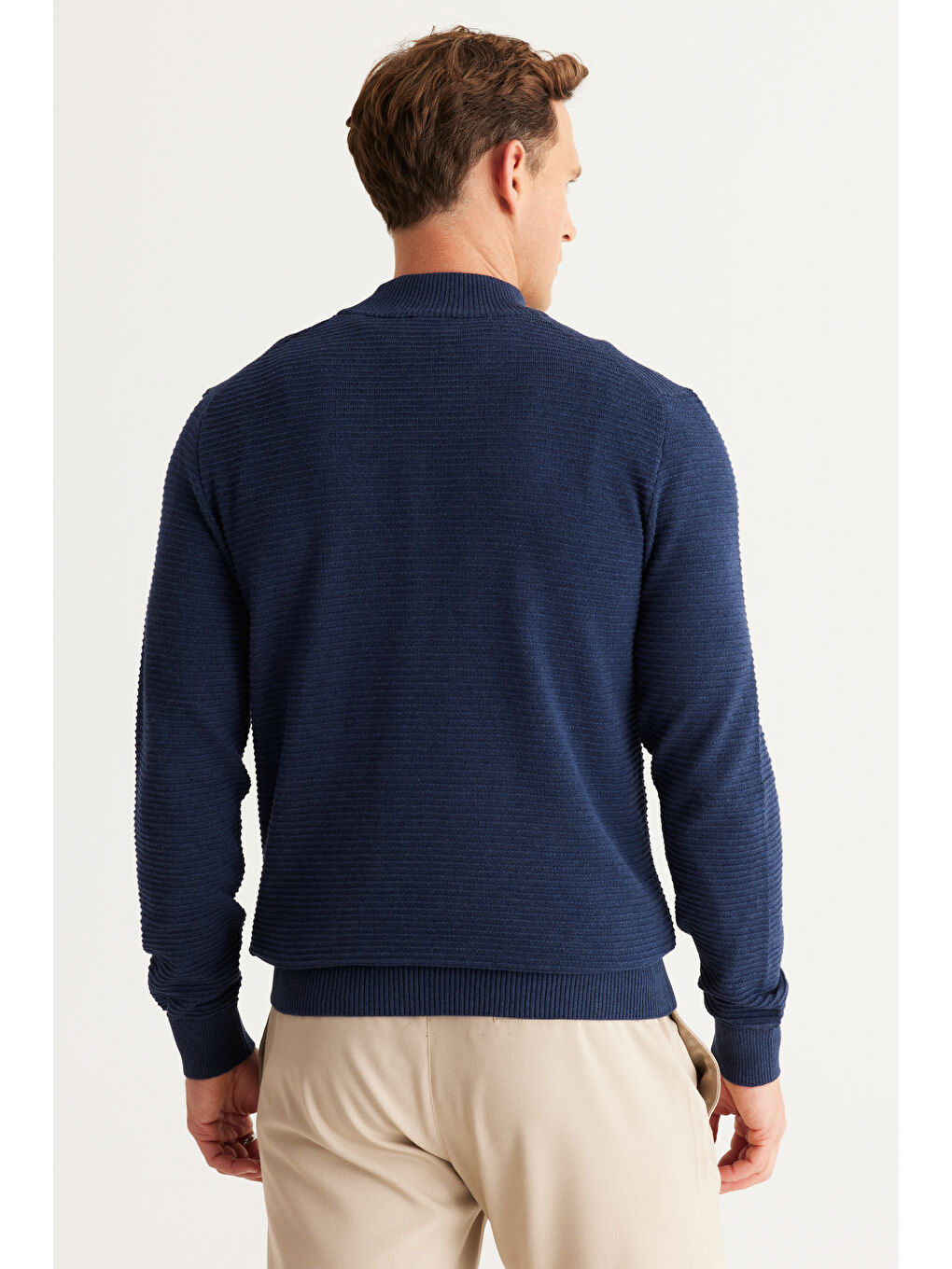 Erkek İndigo Recycle Standart Fit Yarım Balıkçı Yaka Pamuklu Desenli Triko Kazak-4