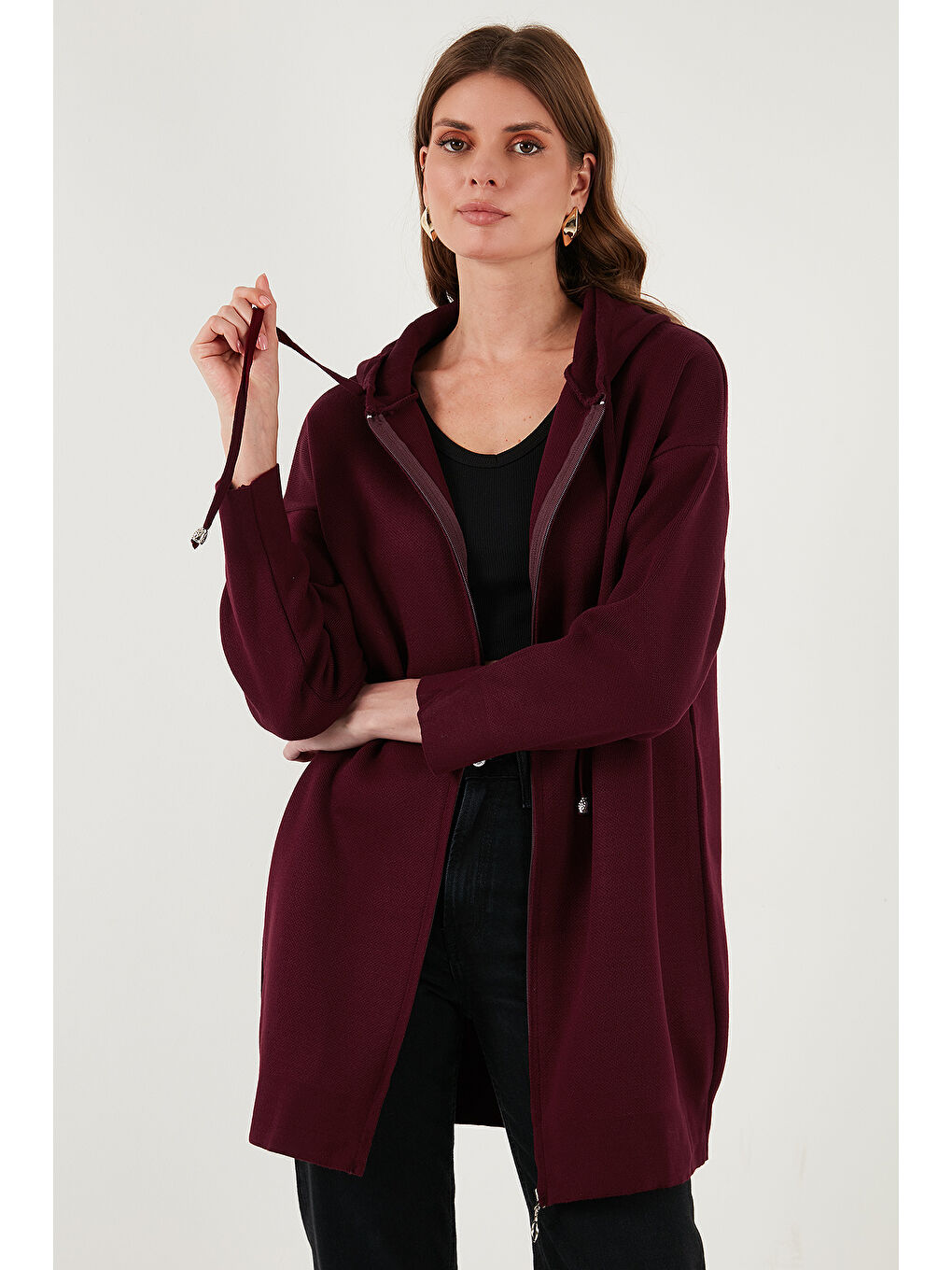 Bordo Modest Fermuarlı Uzun Triko Kadın Hırka 4616176-3