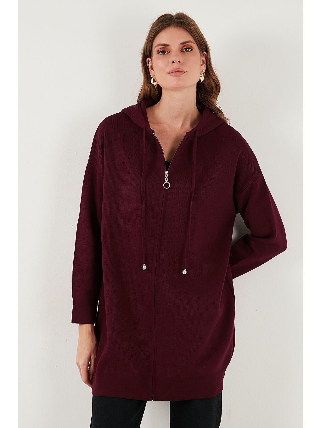 Bordo Modest Fermuarlı Uzun Triko Kadın Hırka 4616176-4