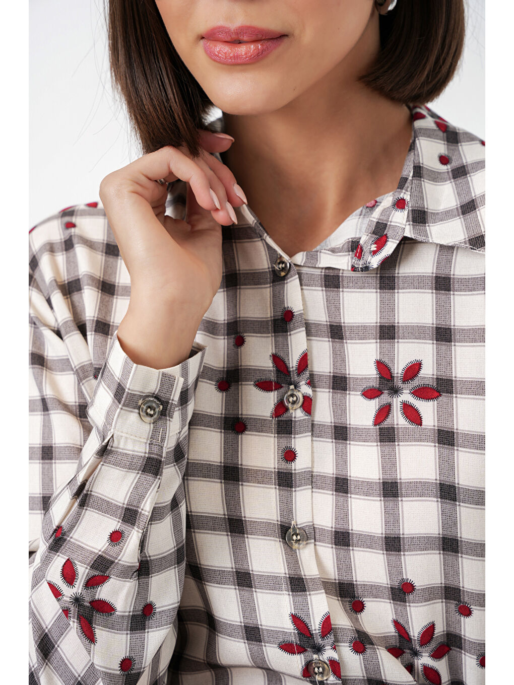 Kadın Desenli Oversize Viskon Gömlek 20371 - Siyah-3