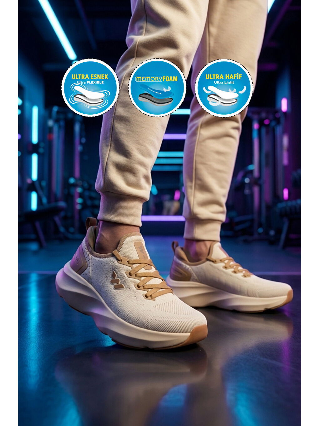 Bej Fileli Hafif Esnek Hafızalı Taban Unisex Spor Ayakkabı Flexnova M-2