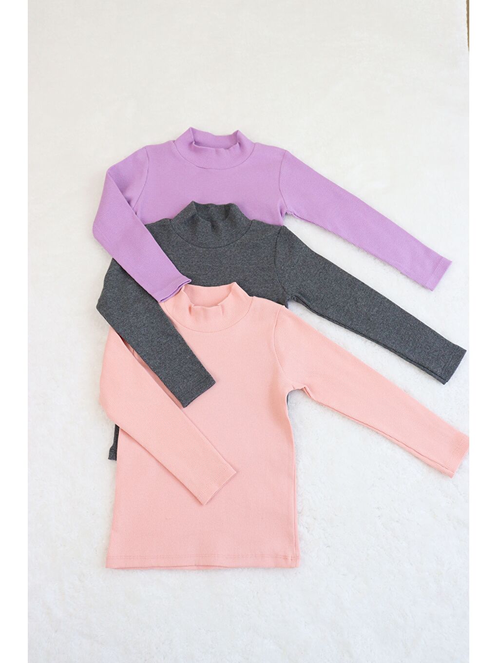 Pembe Kız-Erkek Çocuk 3'lü Paket Basic Örme Yarım Balıkçı Yaka Kaşkorse Pamuklu Uzun Kollu Penye Tişört