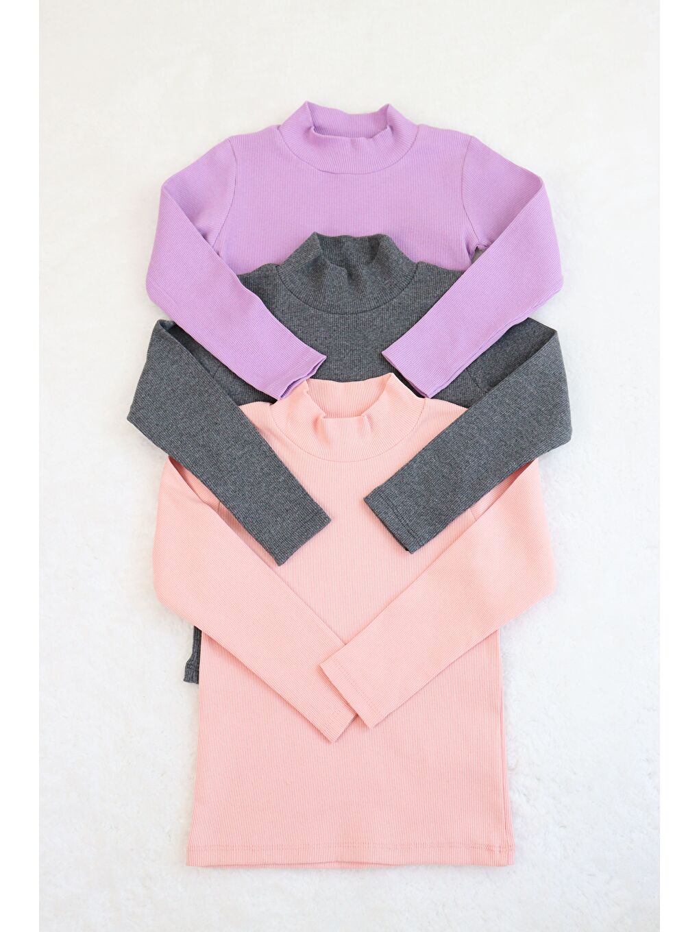 Pembe Kız-Erkek Çocuk 3'lü Paket Basic Örme Yarım Balıkçı Yaka Kaşkorse Pamuklu Uzun Kollu Penye Tişört-1