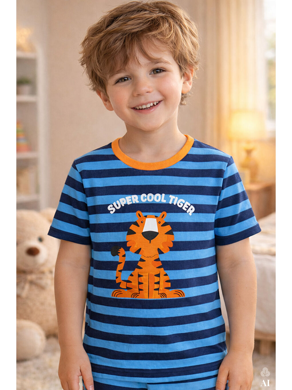 Mavi Erkek Çocuk Pamuklu Çizgili Baskılı Kısa Kollu Uzun Alt Pijama Takımı-1