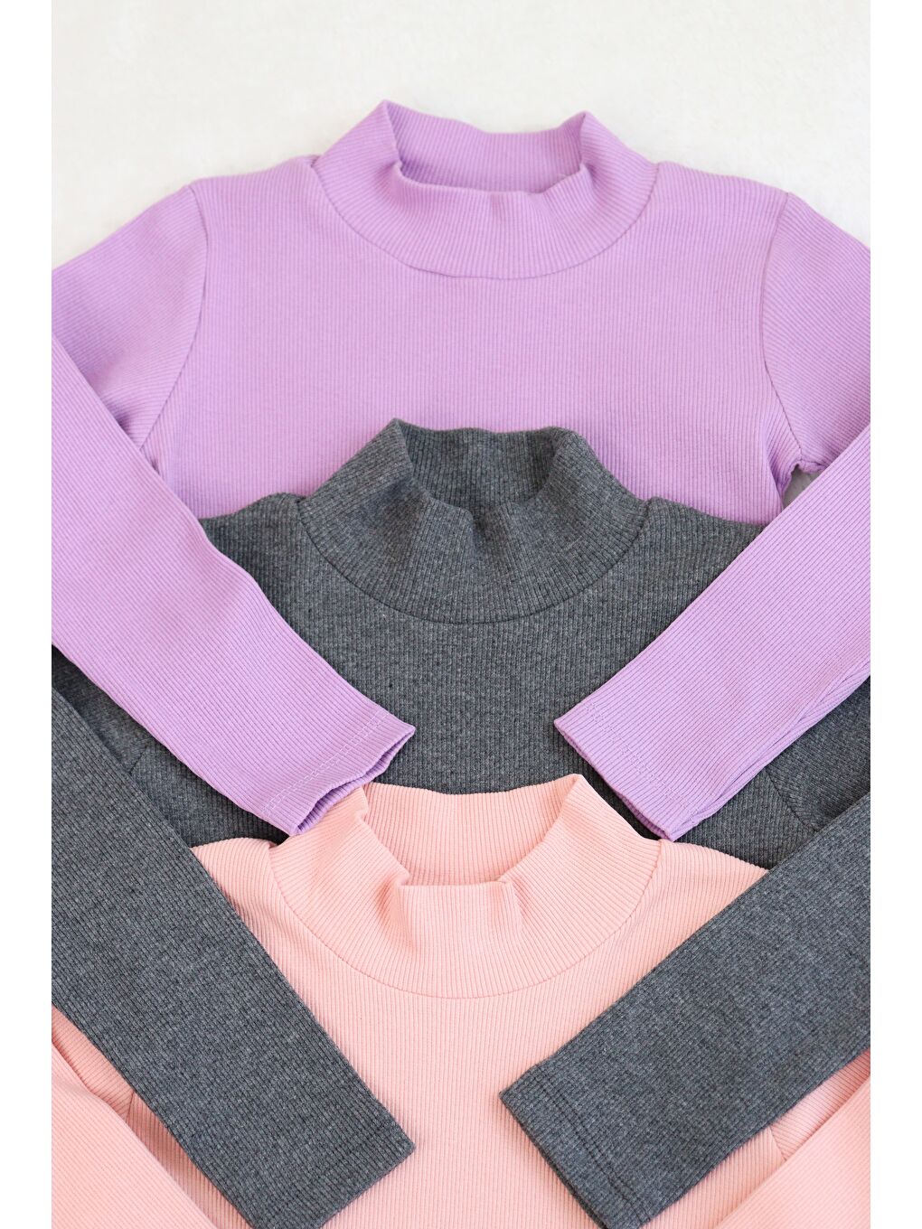 Pembe Kız-Erkek Çocuk 3'lü Paket Basic Örme Yarım Balıkçı Yaka Kaşkorse Pamuklu Uzun Kollu Penye Tişört-2