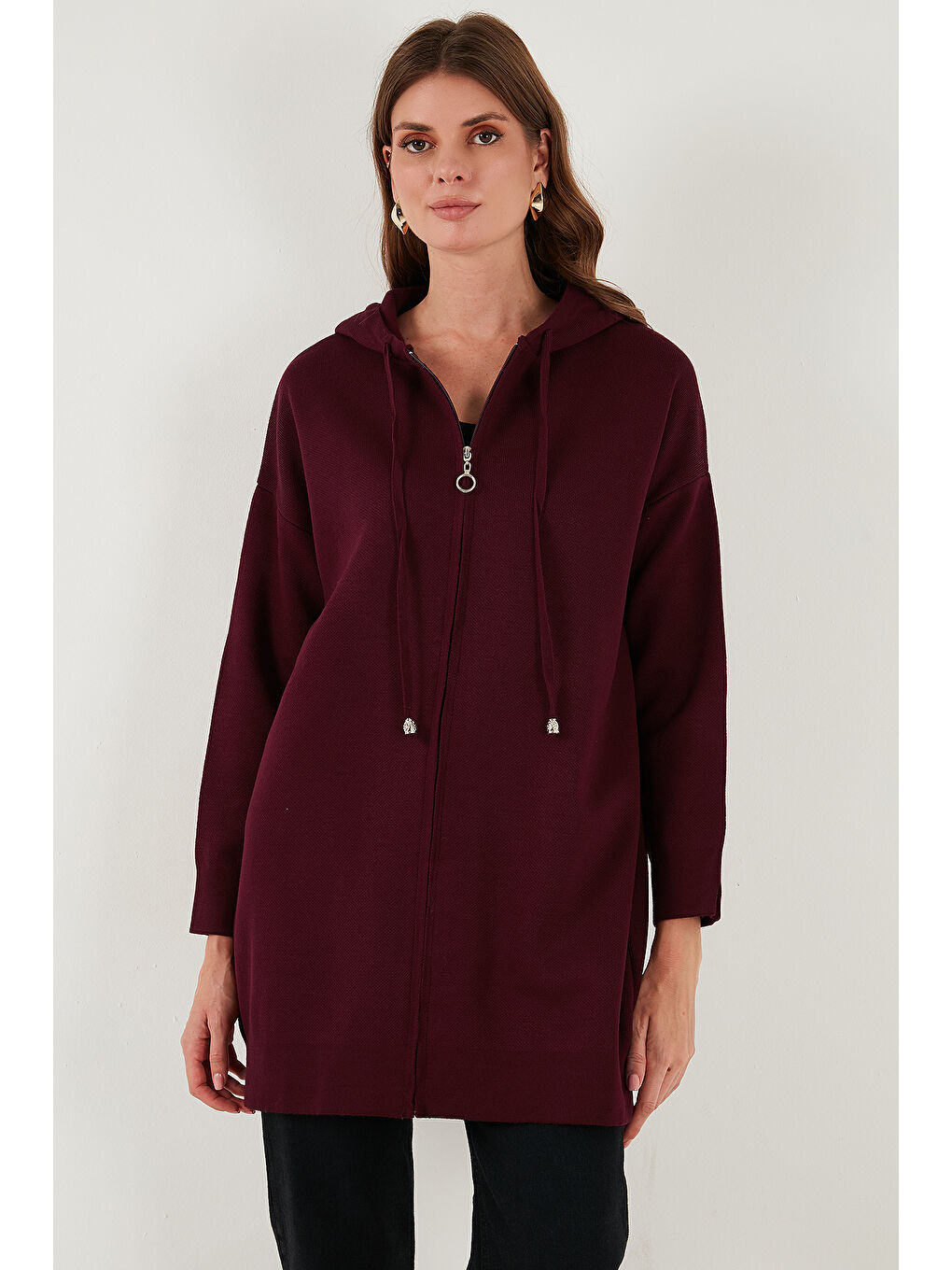 Bordo Modest Fermuarlı Uzun Triko Kadın Hırka 4616176-5