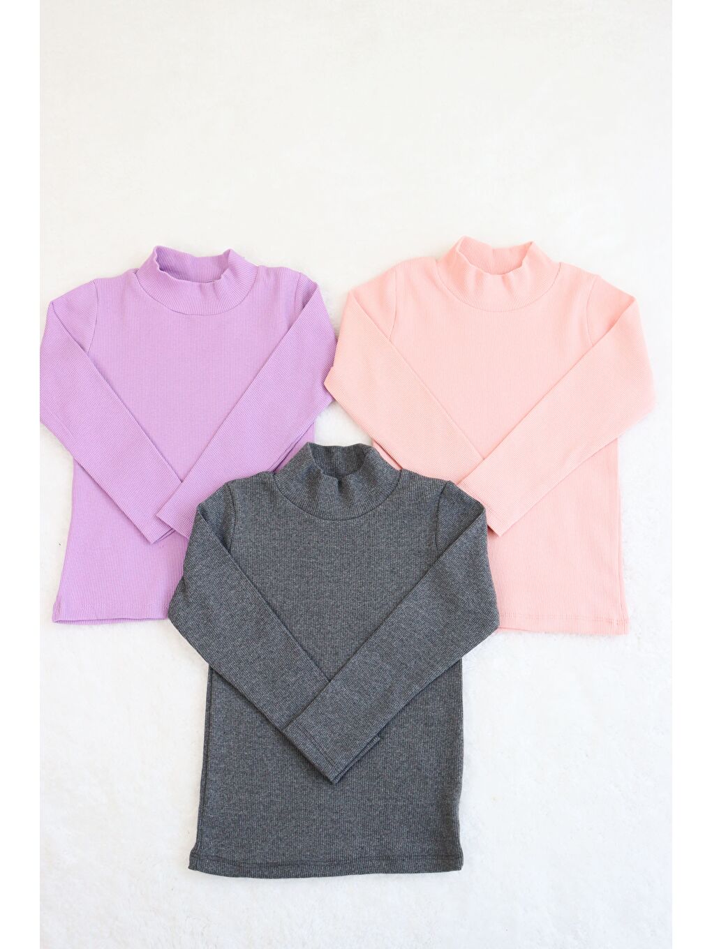 Pembe Kız-Erkek Çocuk 3'lü Paket Basic Örme Yarım Balıkçı Yaka Kaşkorse Pamuklu Uzun Kollu Penye Tişört-3