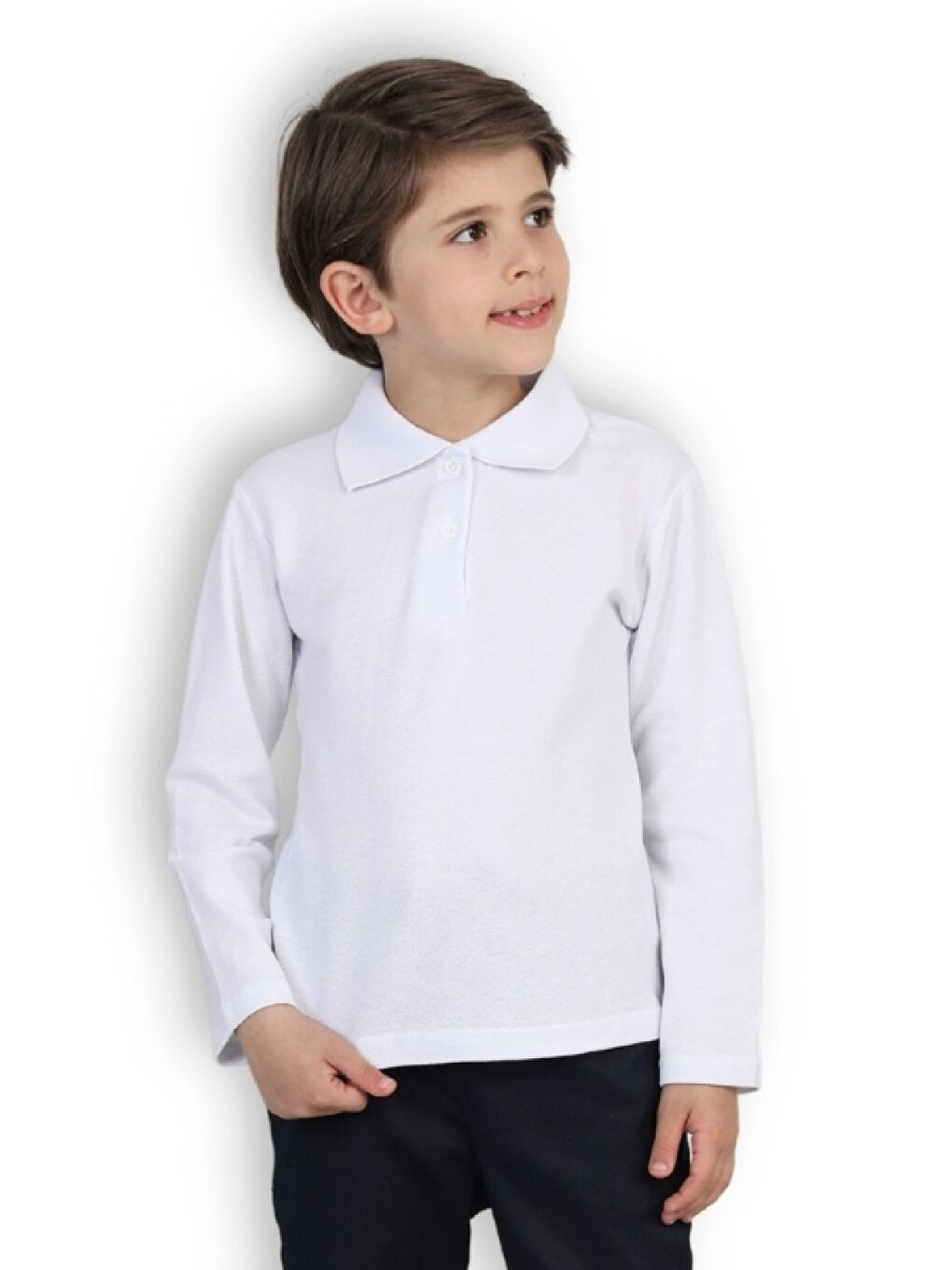 Beyaz Erkek Çocuk %100 Pamuk Okul Tarz Uzun Kol T-Shirt 5-17 Yaş 12274-1