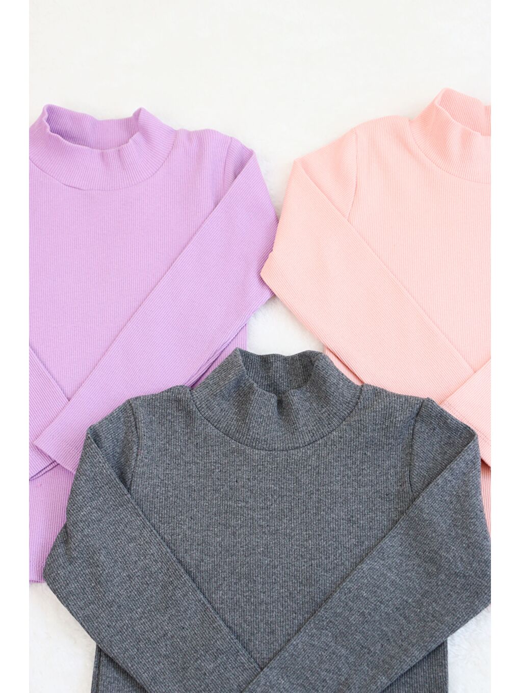 Pembe Kız-Erkek Çocuk 3'lü Paket Basic Örme Yarım Balıkçı Yaka Kaşkorse Pamuklu Uzun Kollu Penye Tişört-4