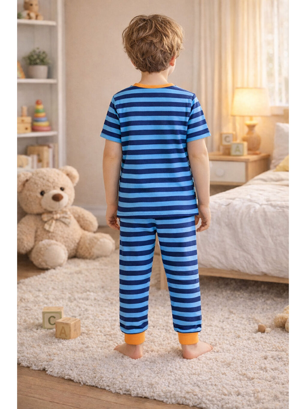 Mavi Erkek Çocuk Pamuklu Çizgili Baskılı Kısa Kollu Uzun Alt Pijama Takımı-2