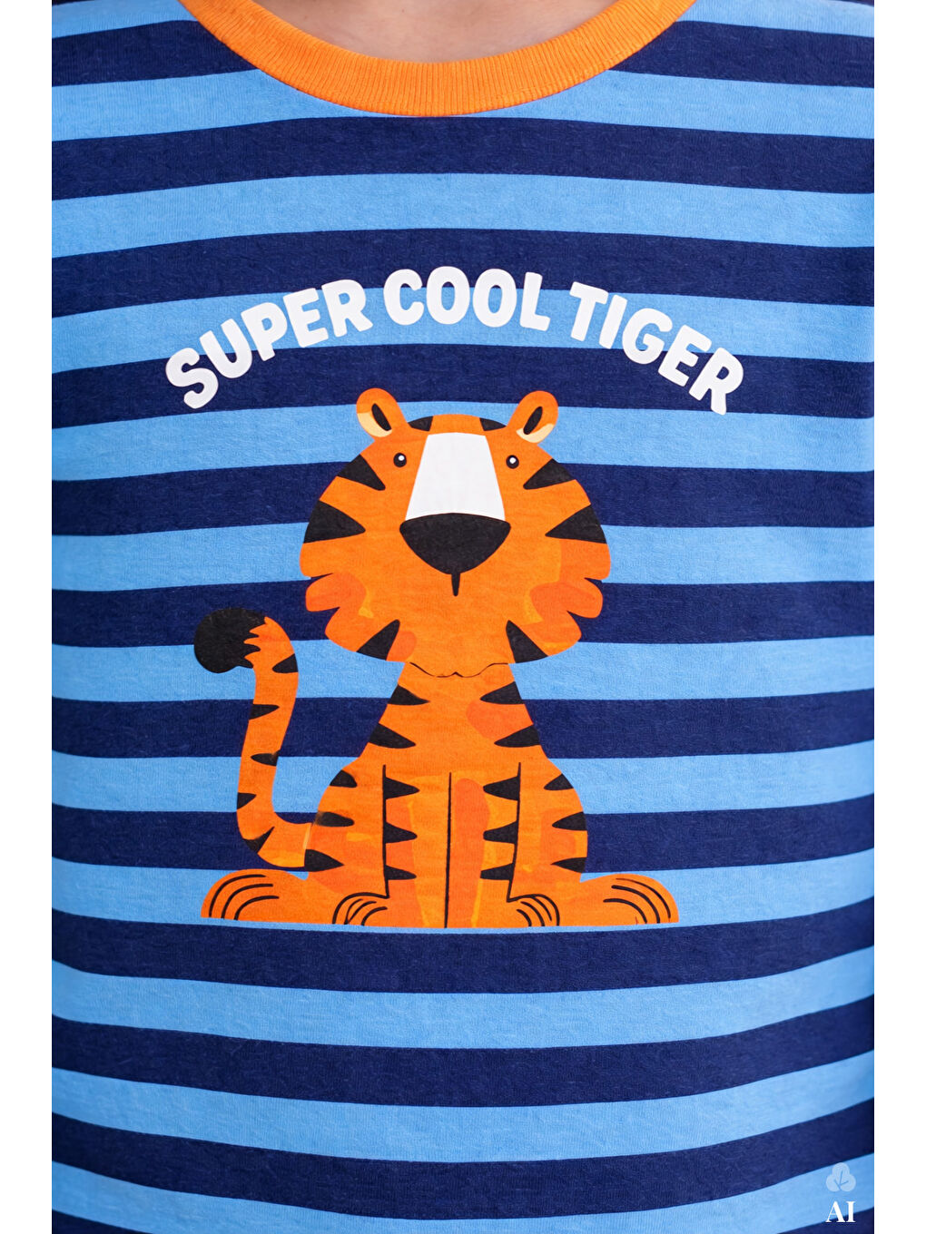 Mavi Erkek Çocuk Pamuklu Çizgili Baskılı Kısa Kollu Uzun Alt Pijama Takımı-3