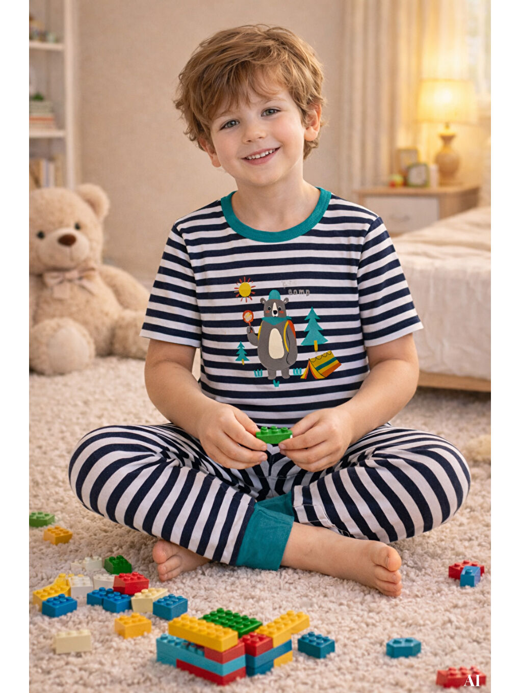 Lacivert Erkek Çocuk Pamuklu Çizgili Baskılı Kısa Kollu Uzun Alt Pijama Takımı