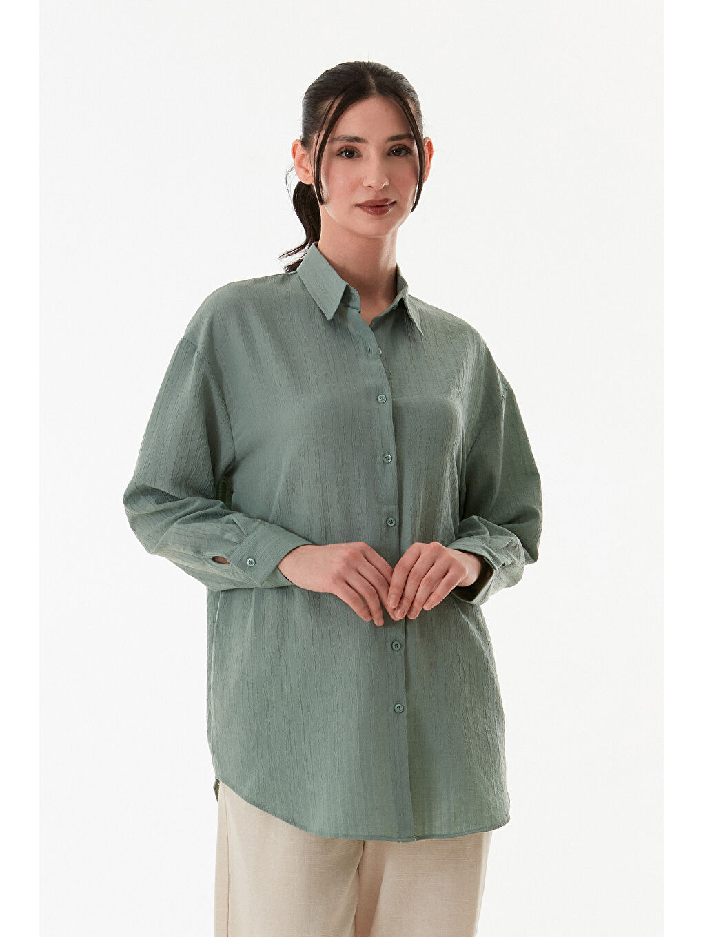 Turkuaz Basic Krep Kumaş Oversize Gömlek