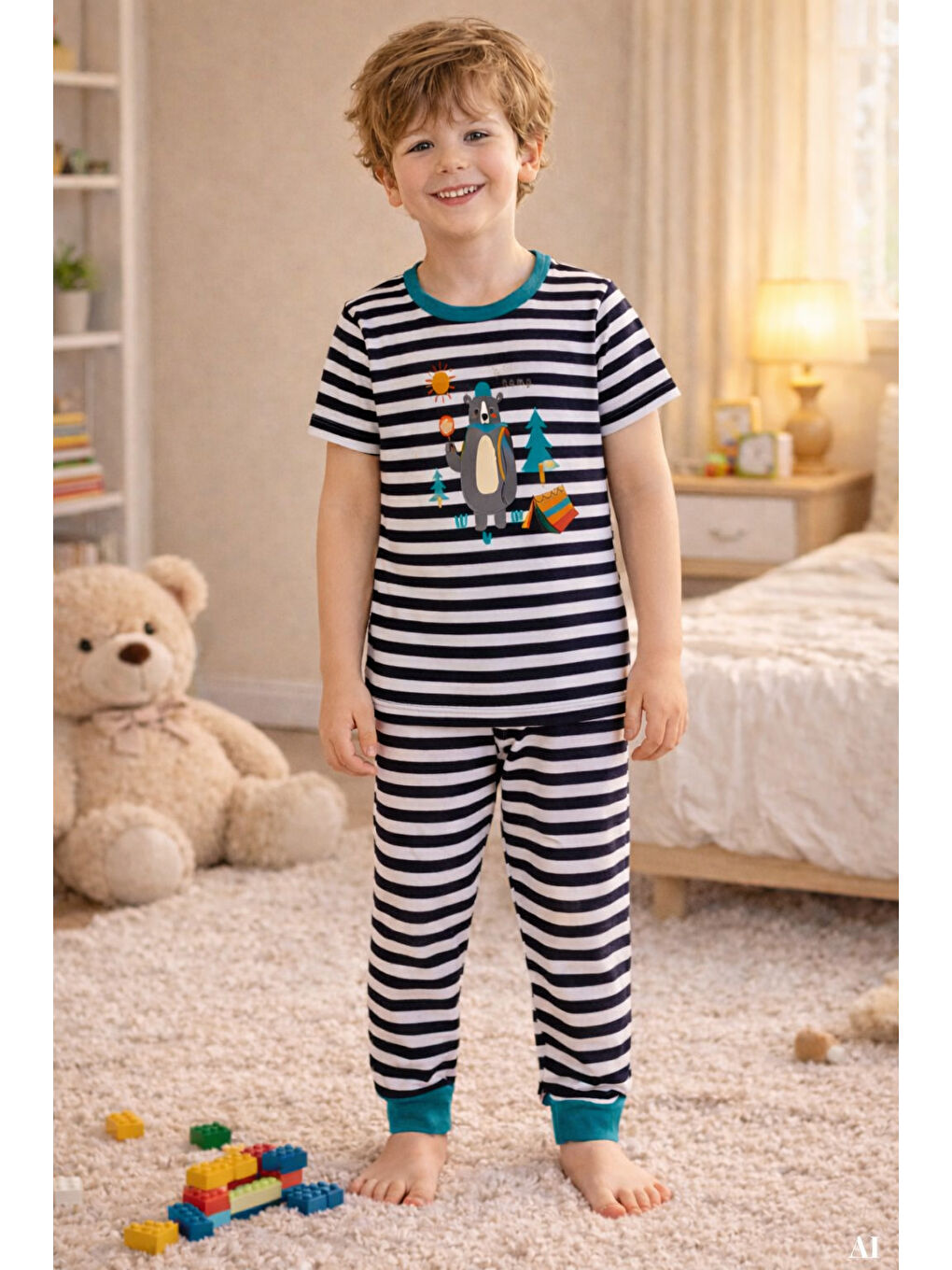 Lacivert Erkek Çocuk Pamuklu Çizgili Baskılı Kısa Kollu Uzun Alt Pijama Takımı-1